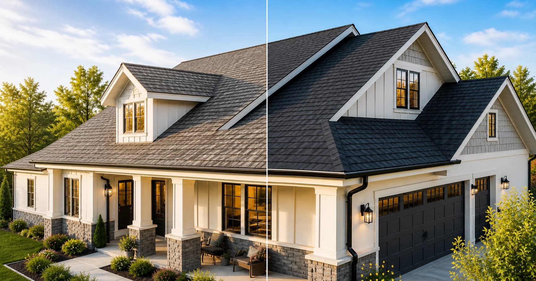 The same home shown with its current weathered shingles on the left and new charcoal shingles on the right